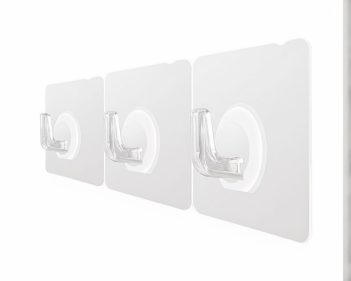 Crochet adhésif transparent 3 crochets blancs alignés