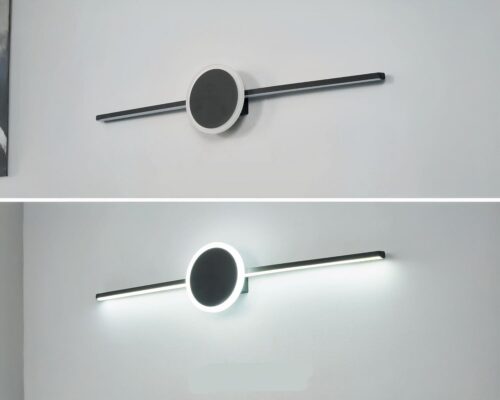 Photo d'un néon moderne, une barre et un cercle en néon LED de salle de bain noir en deux versions : éteint en haut et allumé en bas, le tout sur fond gris