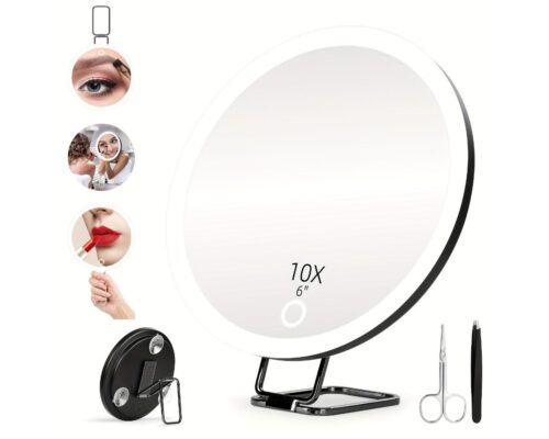 Miroir circulaire sur fond blanc, avec des petites pastilles photos sur le côté