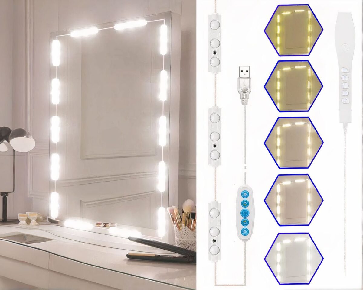 Photo d'un miroir entouré d'ampoules LED sur la gauche et le même fil d'ampoules sur la droite avec son contrôleur et les cinq couleurs d'ampoules sur un fond blanc