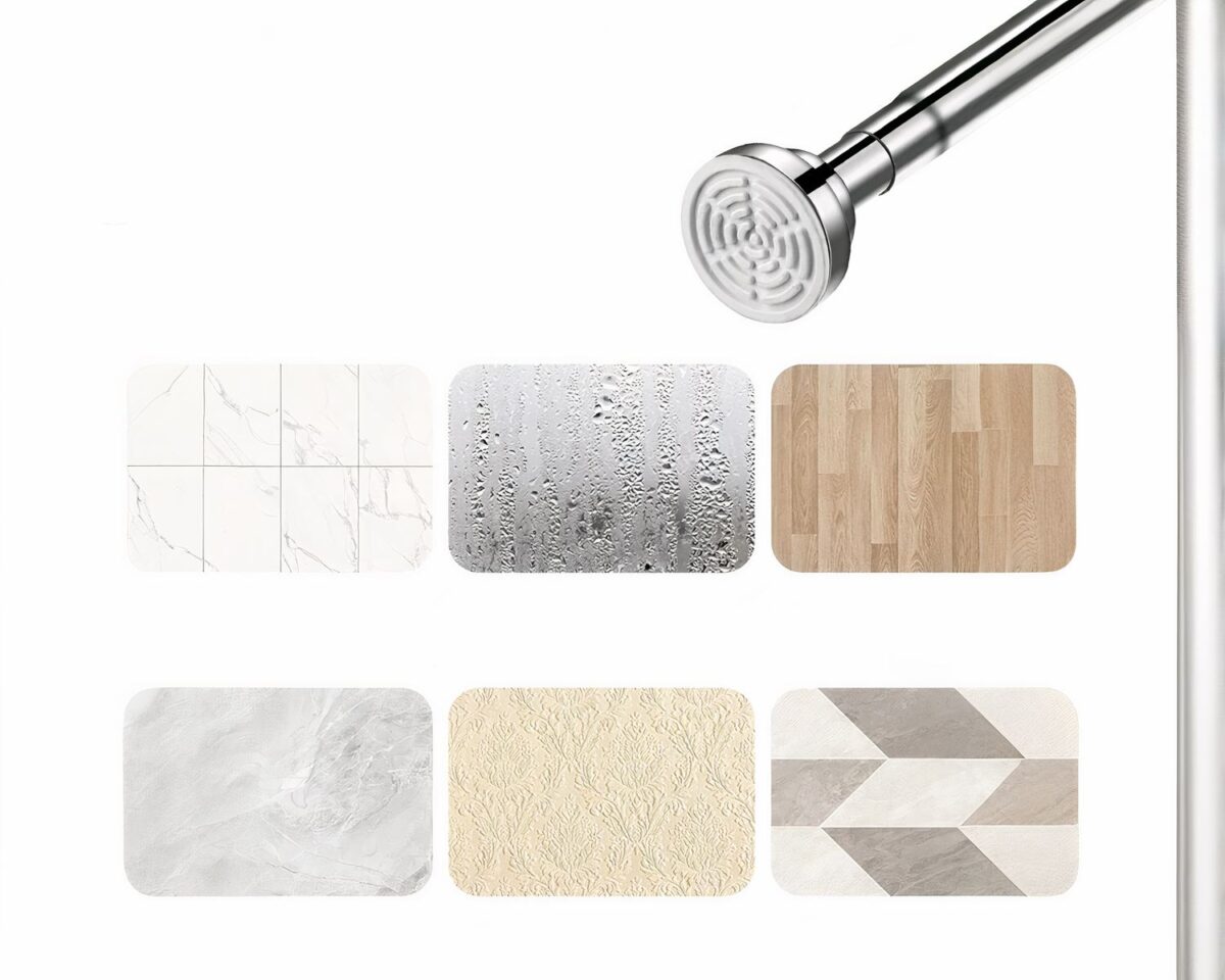 Barre de rideau de douche sur fond blanc. On voit également différents matériaux.