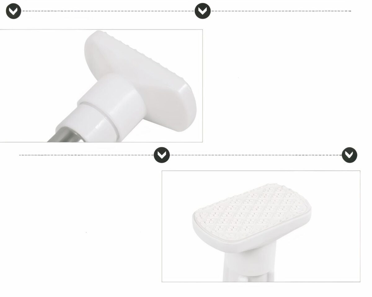 Barre télescopique argentée sur fond blanc vue de différentes façons.