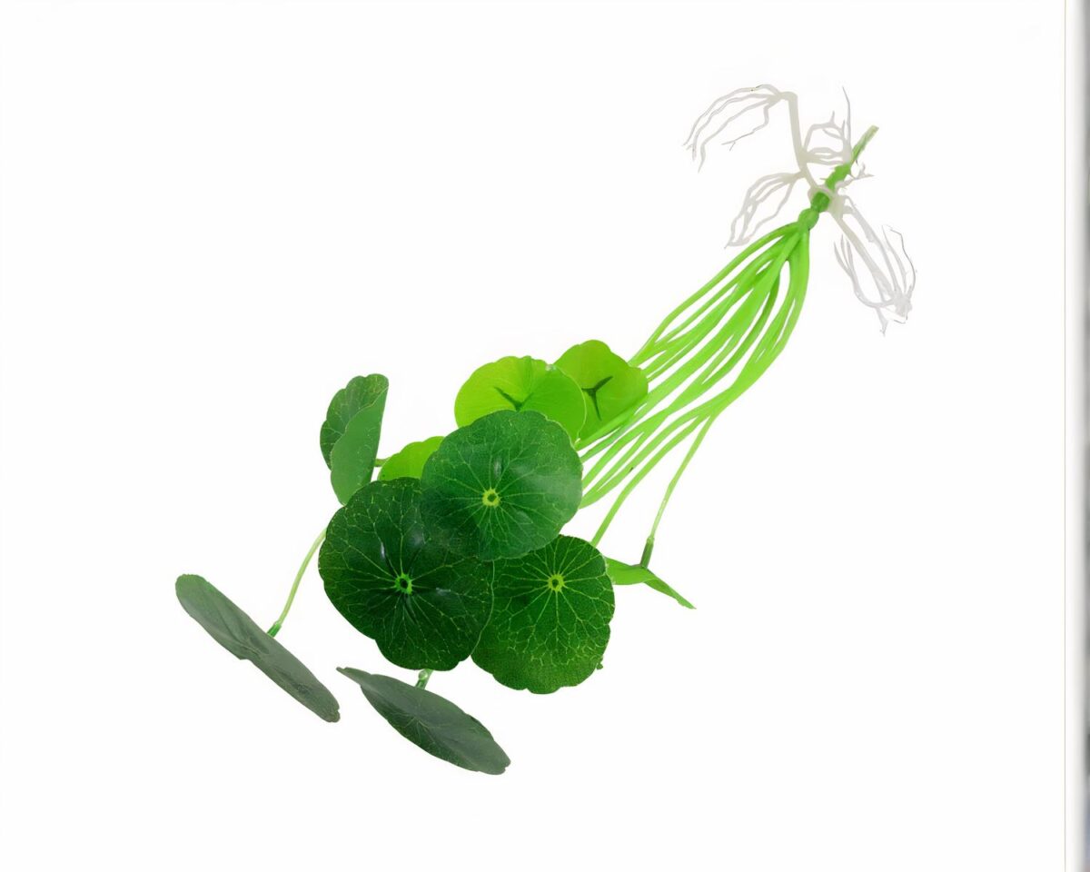 Plante artificielle verte sur fond blanc.