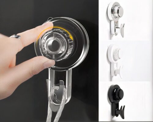 Crochet à ventouse transparent sur fond noir. Il y a également les autres déclinaisons de couleur.