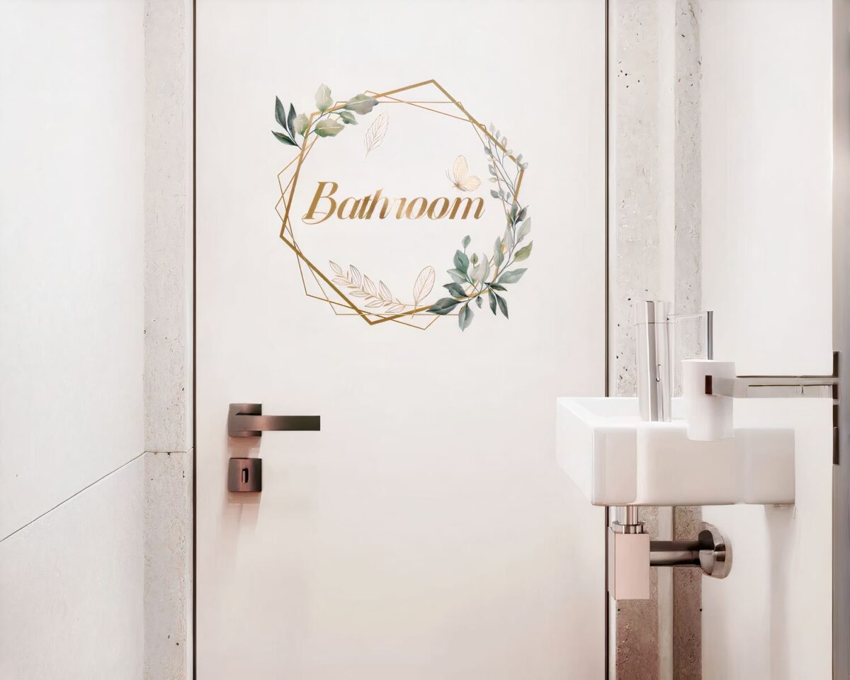 Décoration murale autocollante posée sur une porte blanche.