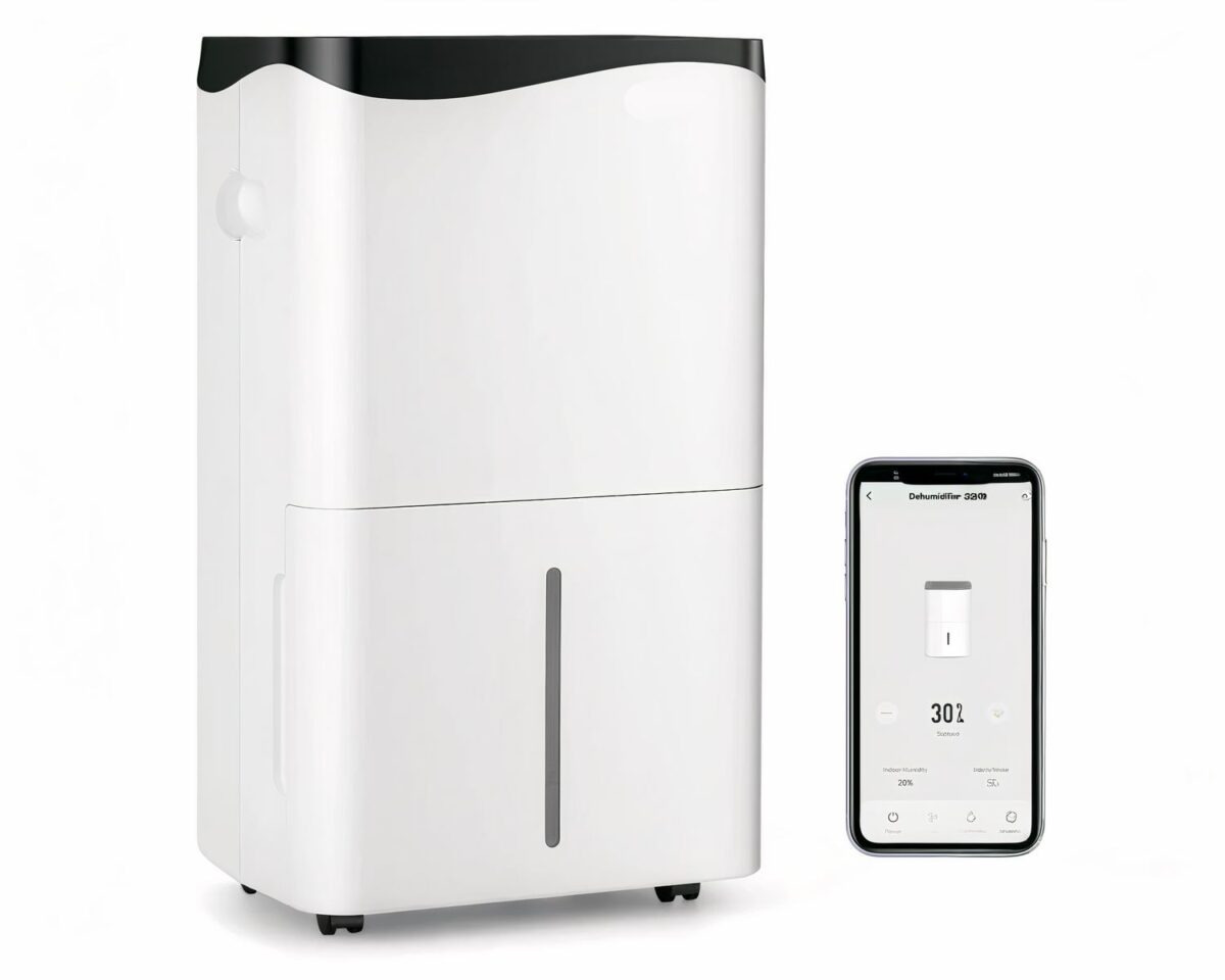 Déshumidificateur salle de bain à haut rendement Photo d'un déshumidificateur salle de bain blanc sur roulettes avec une télécommande et un couvercle noir le tout sur fond blanc