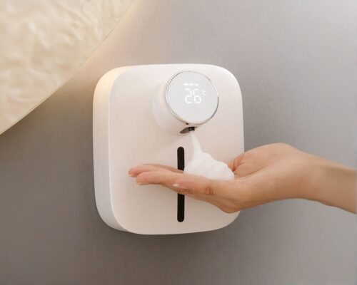 On voit un distributeur de savon automatique blanc, carré au design moderne et épuré.