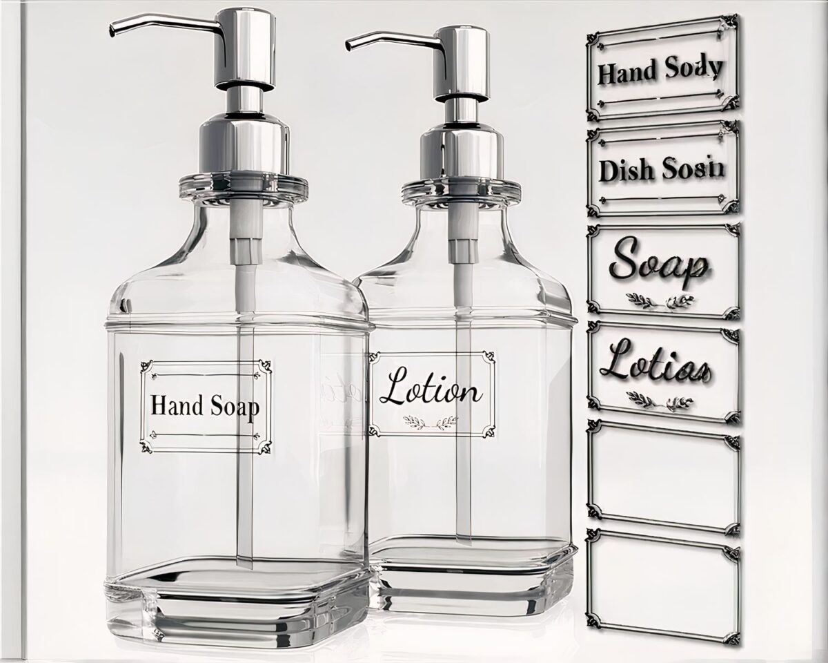 On voit deux distributeurs de savon en verre pompe, avec étiquettes