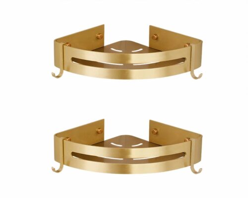 Photo de deux étagères d'angle dorées pour douche avec crochets et fente devant