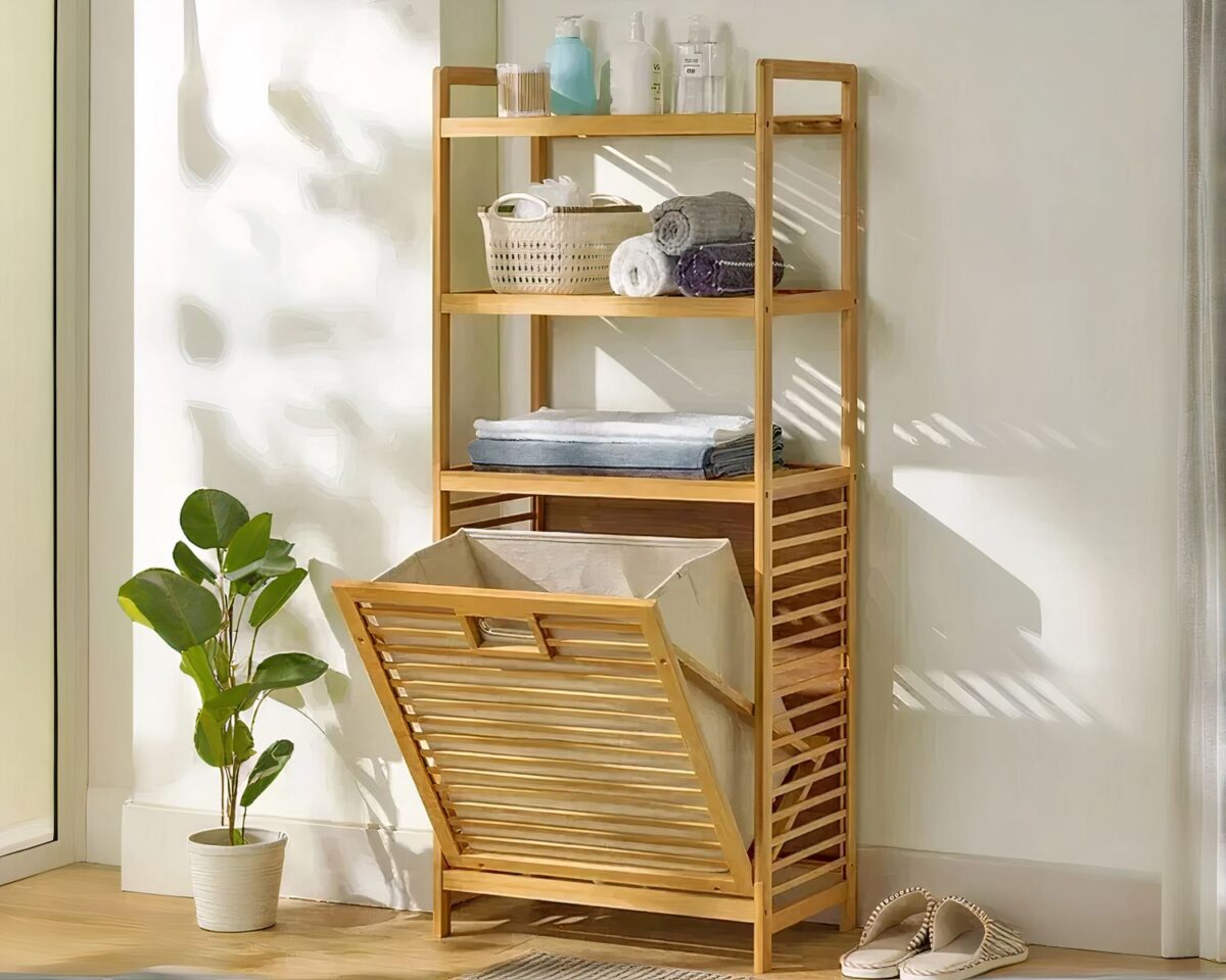 Etagère salle de bain avec bac à linge