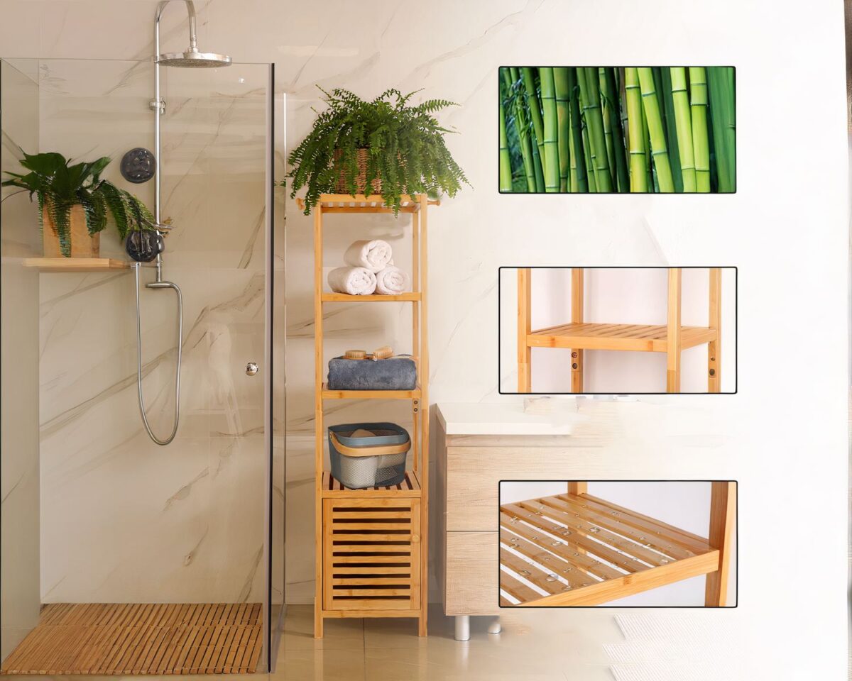 Etagère salle de bain en bambou avec un casier