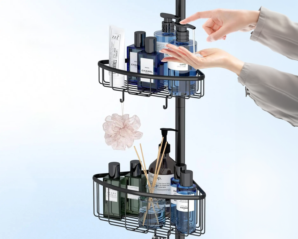 Etagères de douche d'angle sur colonne en acier noir