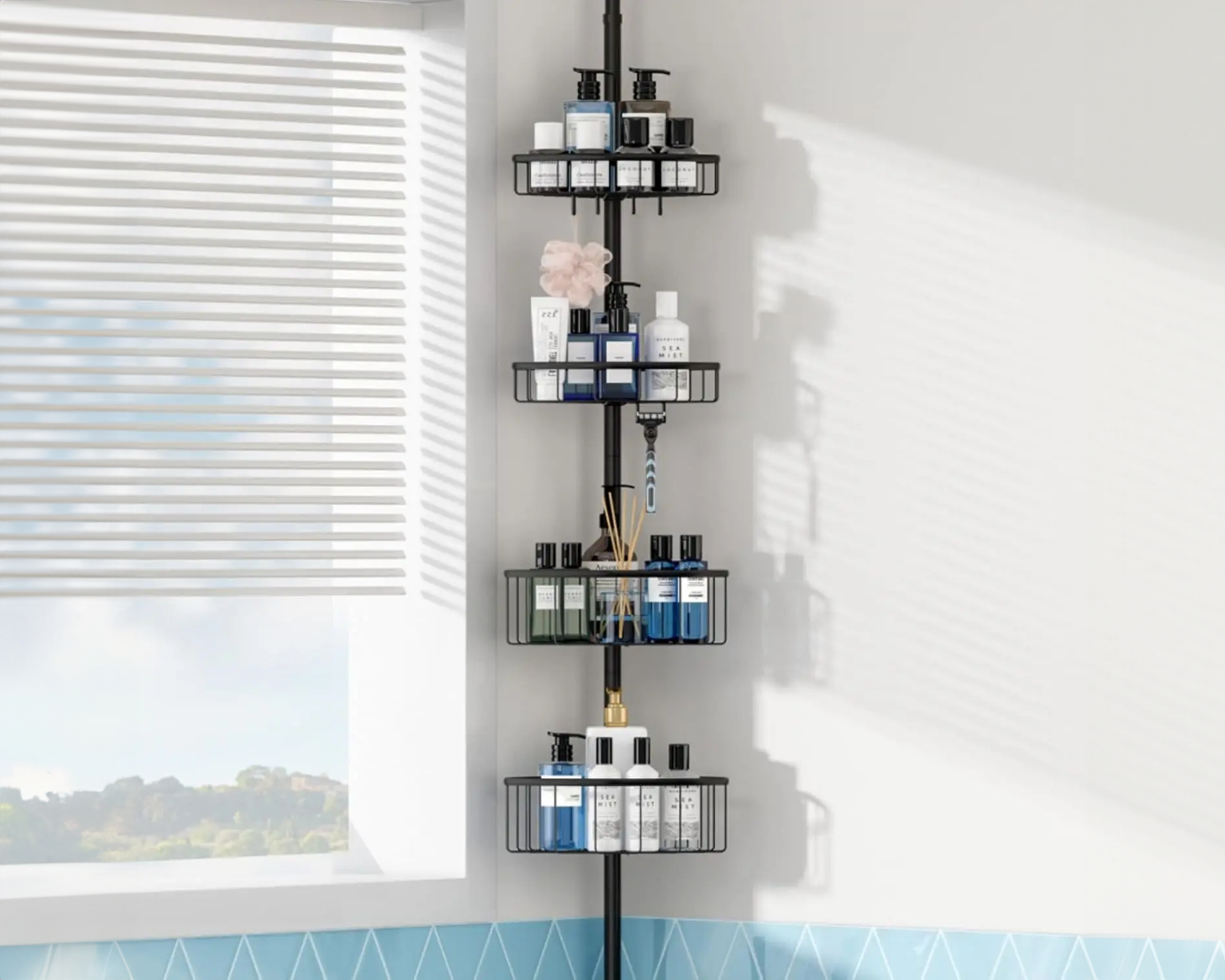 Etagères de douche d'angle sur colonne en acier noir