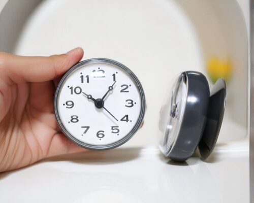 Petite horloge tenue par la main d'une personne.