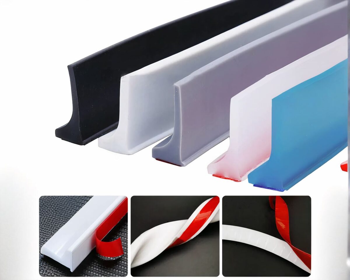 5 joints de couleurs différentes (noir, blanc, gris, bleu et transparent. 3 petites photos montrant le côté auto collant