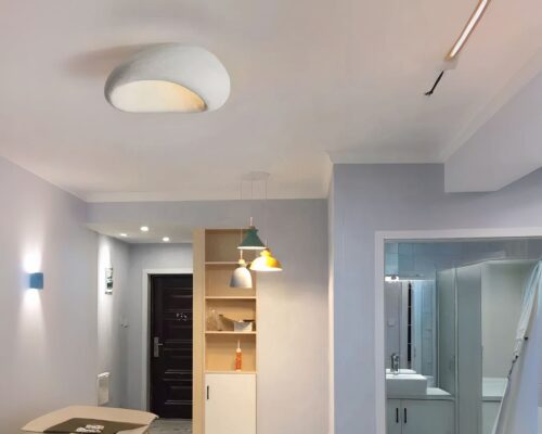 Photo d'un lustre de salle de bain de style Wabi Sabi blanc dans un espace studio polyvalent aux tons gris clair mêlé à d'autres luminaires de style différent