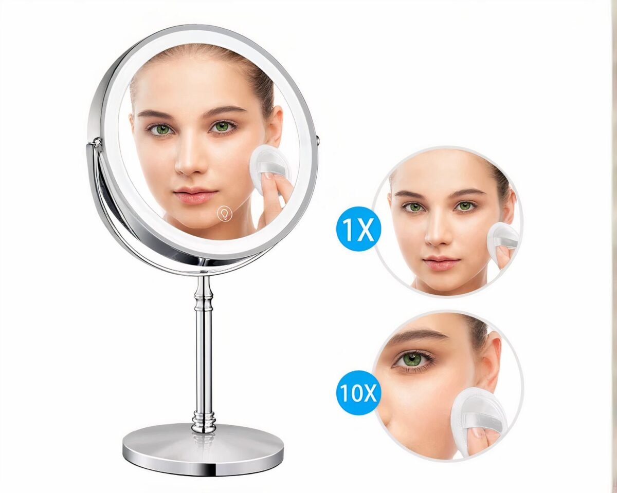 Miroir de maquillage sur pied avec femme l'utilisant.