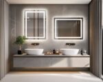 Miroirs LED rectangulaires au-dessus de deux vasques.