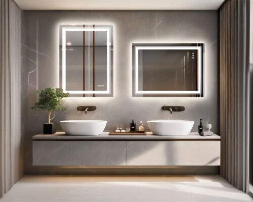 Miroirs LED rectangulaires au-dessus de deux vasques.