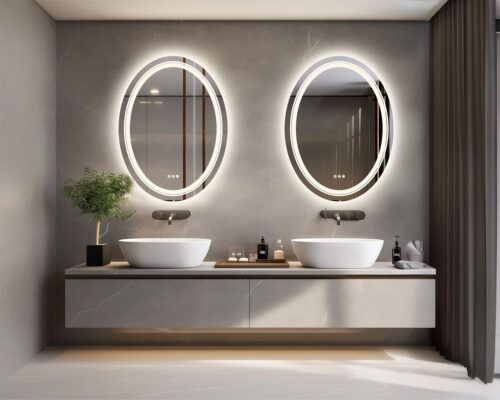 Deux miroirs ovales au-dessus de deux vasques.