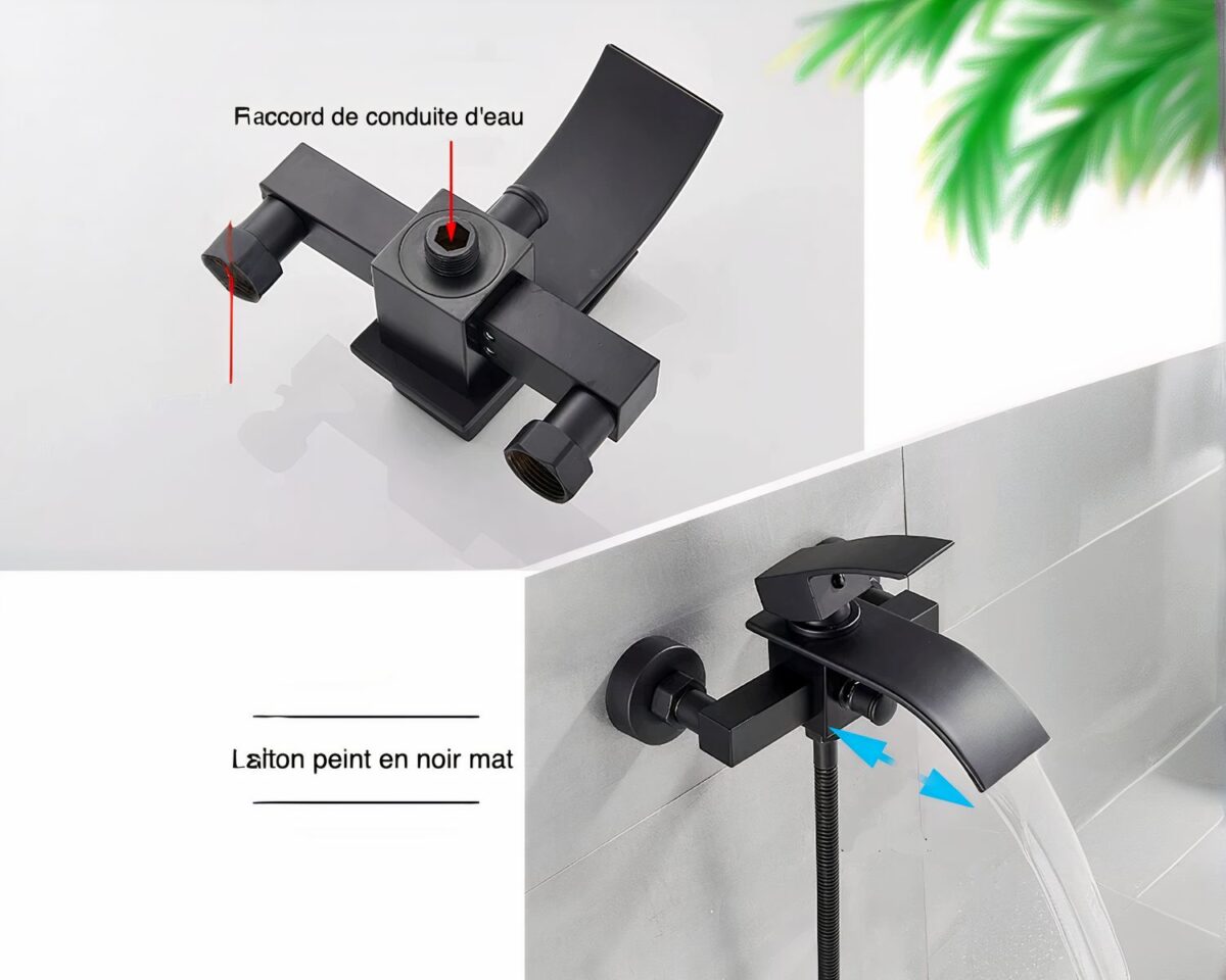 Photo d'un mitigeur salle de bain noir avec bec à cascade avec système douche pour une baignoire le tout sur fond gris