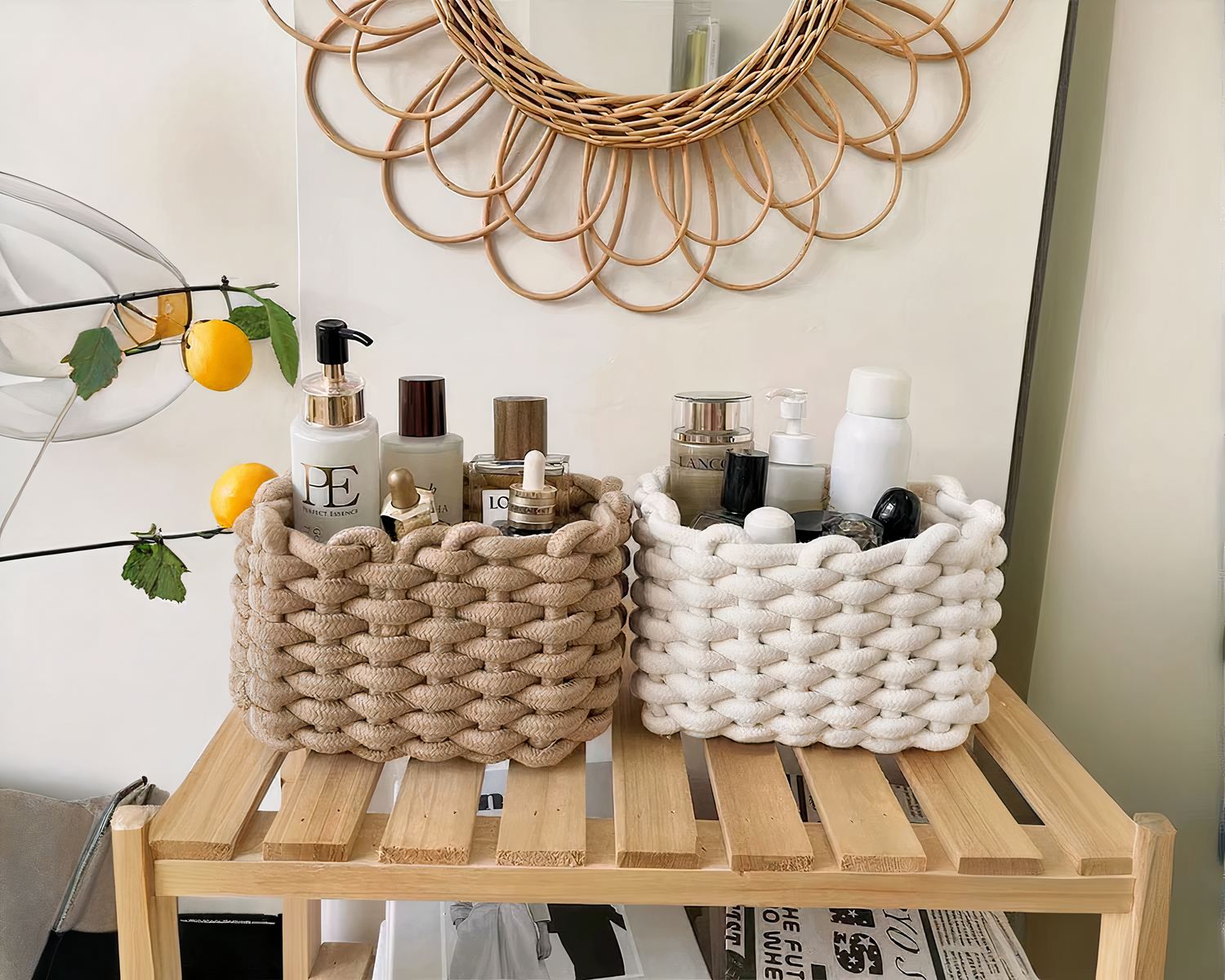 Panier de rangement salle de bain en coton tissé trois coloris