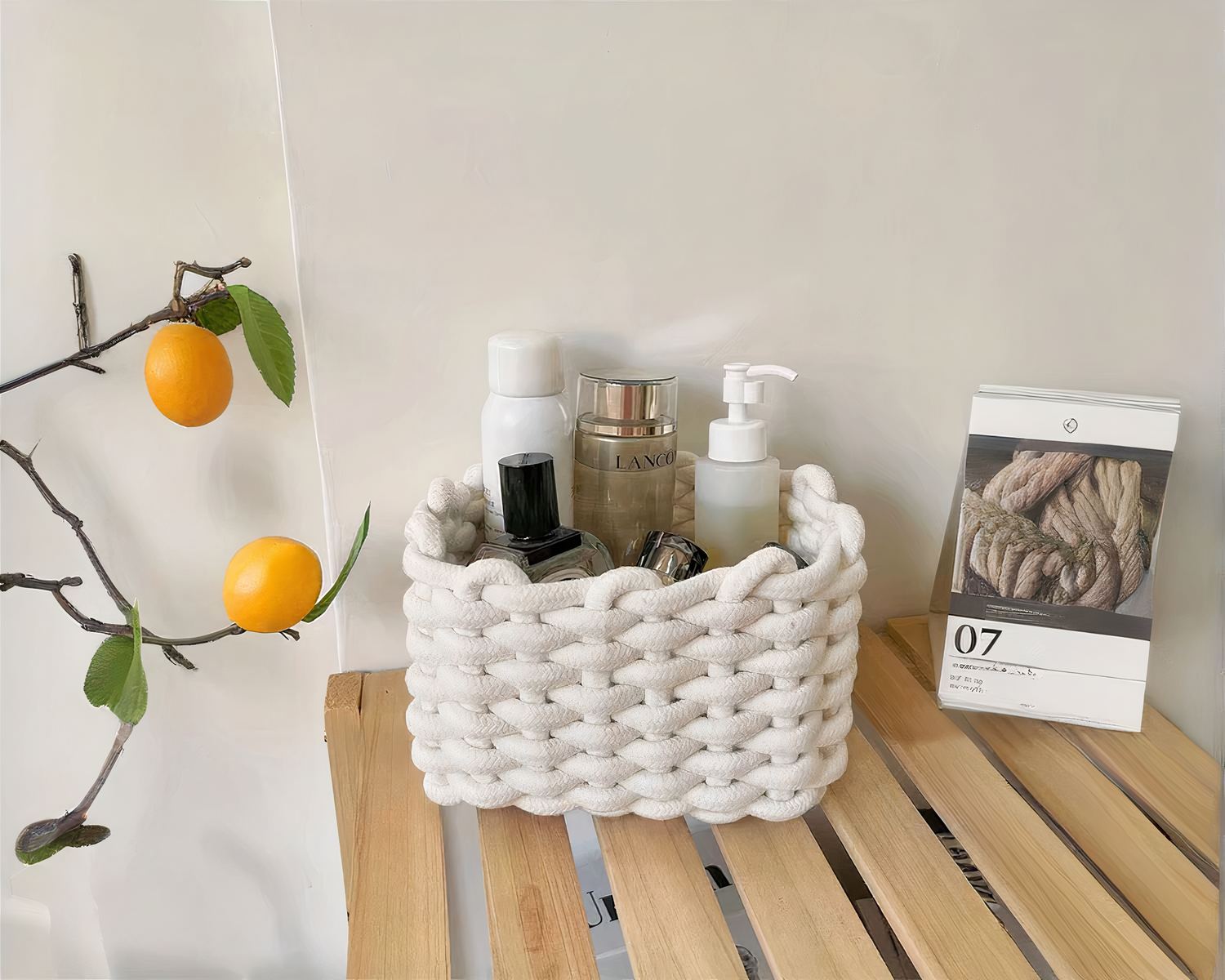 Panier de rangement salle de bain en coton tissé trois coloris