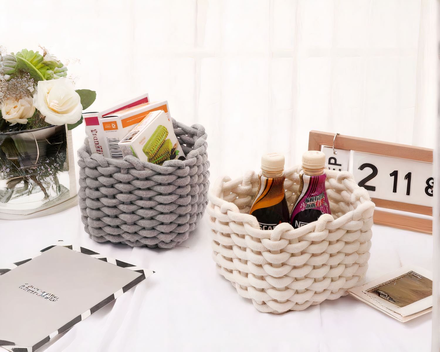 Panier de rangement salle de bain en coton tissé trois coloris