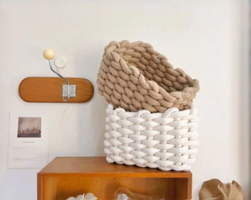 Panier de rangement salle de bain en coton tissé trois coloris