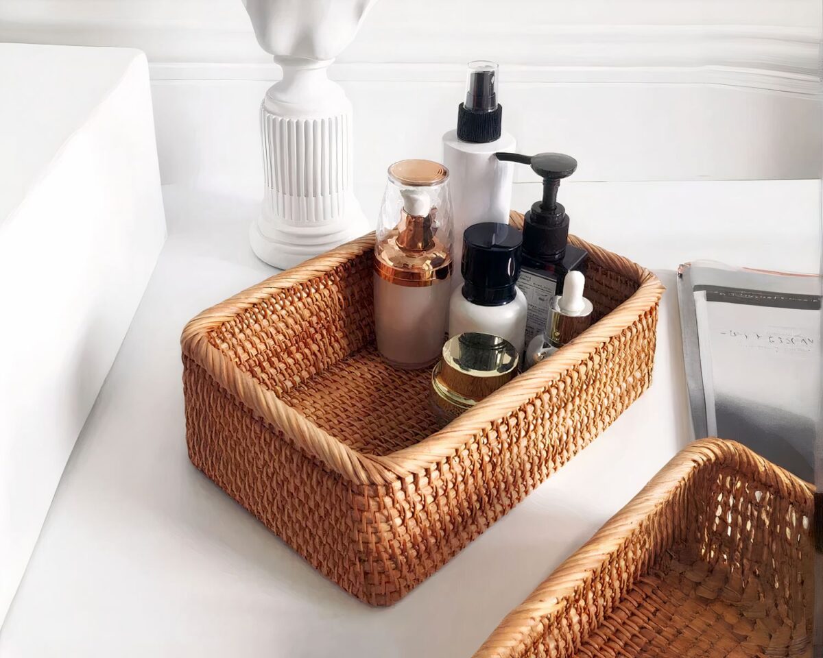 Panier rectangulaire en rotin rangement salle de bain