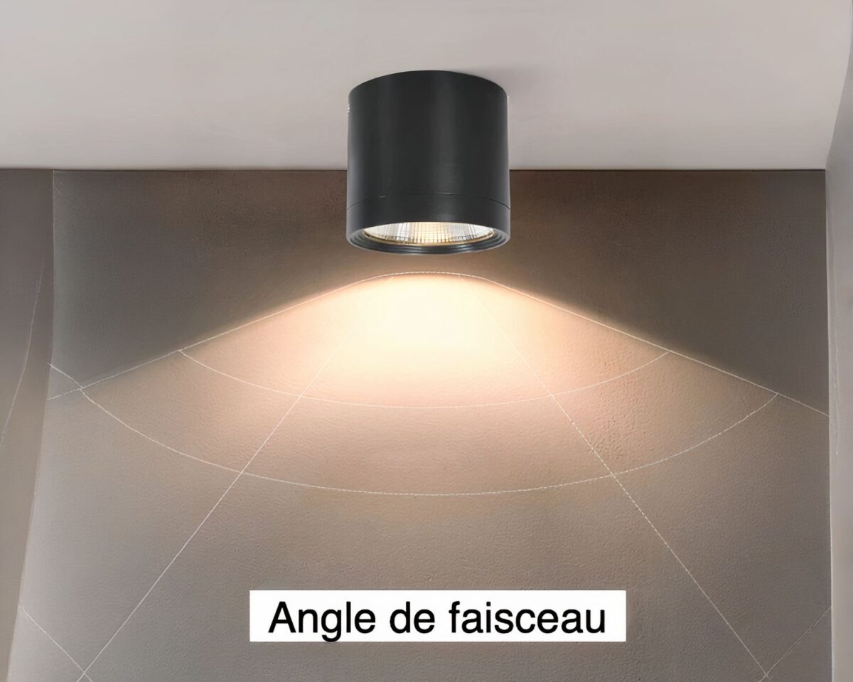 Photo d'un spot étanche noir IP65 allumé sur un plafond gris éclaboussé de gouttes d'eau