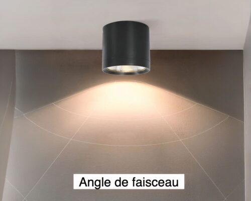 Photo d'un spot étanche noir IP65 allumé sur un plafond gris éclaboussé de gouttes d'eau