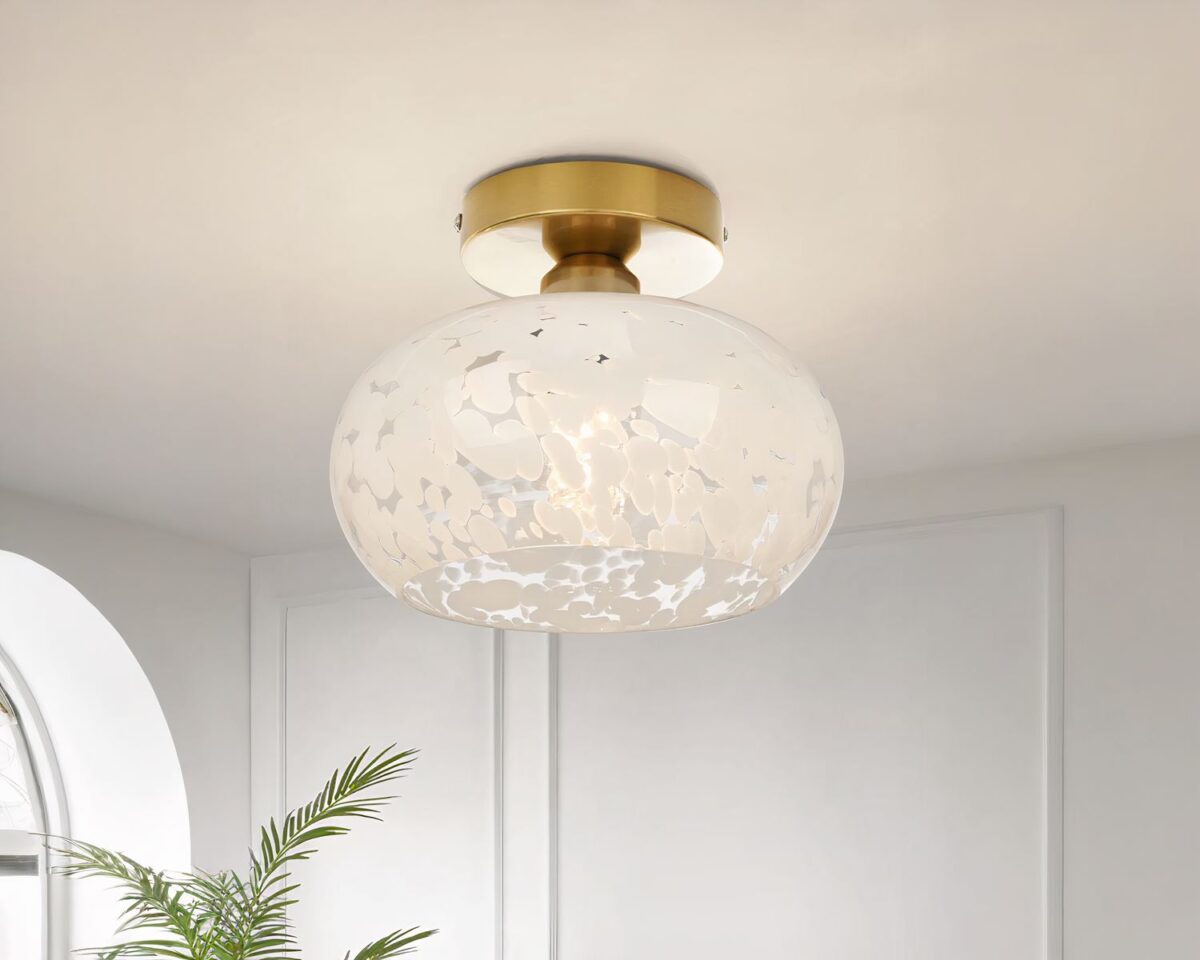 Photo d'un plafonnier de salle de bain en verre à motif moiré dans une pièce au plafond blanc et murs clairs , une plante sur la gauche de la photo