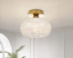 Photo d'un plafonnier de salle de bain en verre à motif moiré dans une pièce au plafond blanc et murs clairs , une plante sur la gauche de la photo