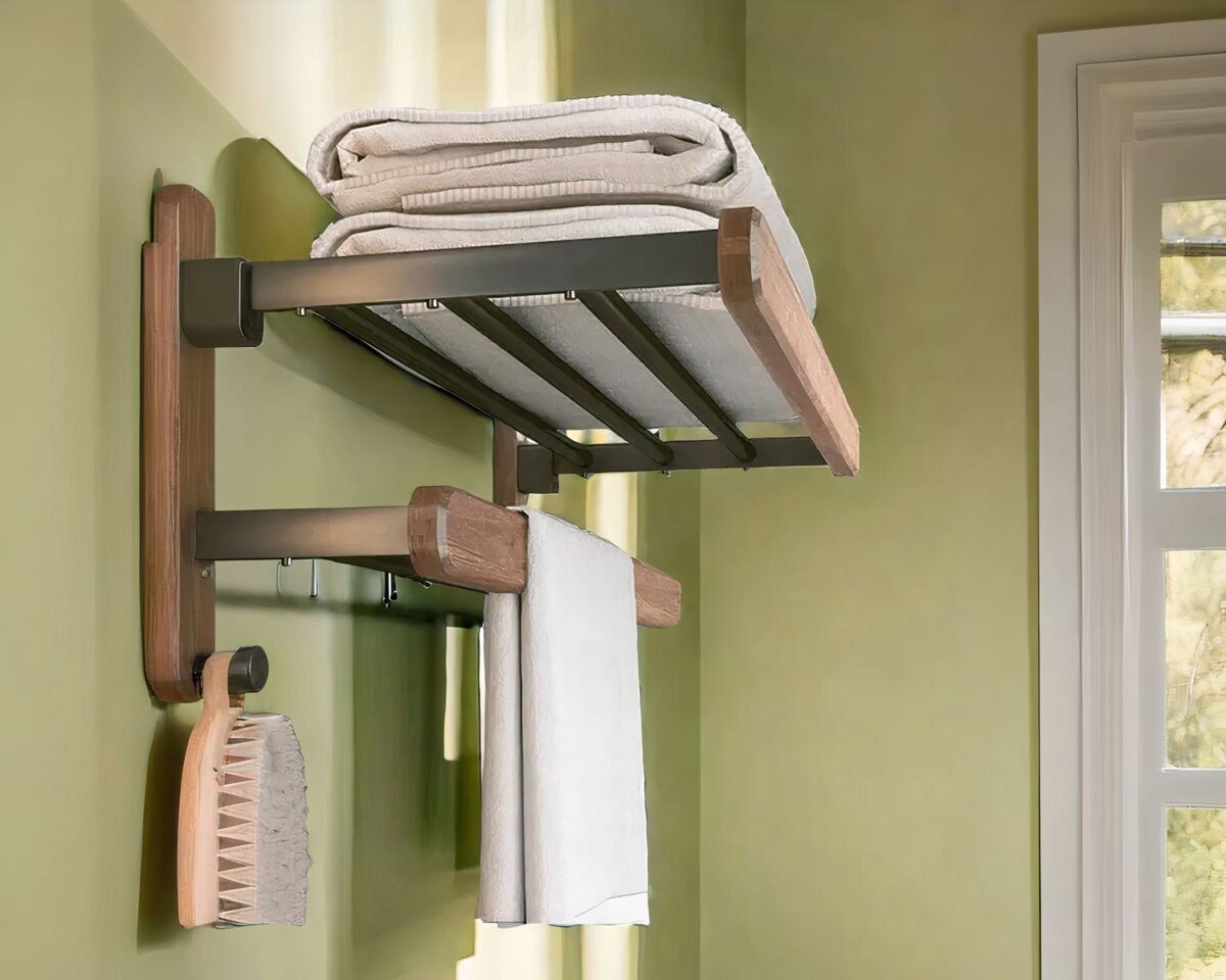 Porte serviette mural salle de bain en acier et bois