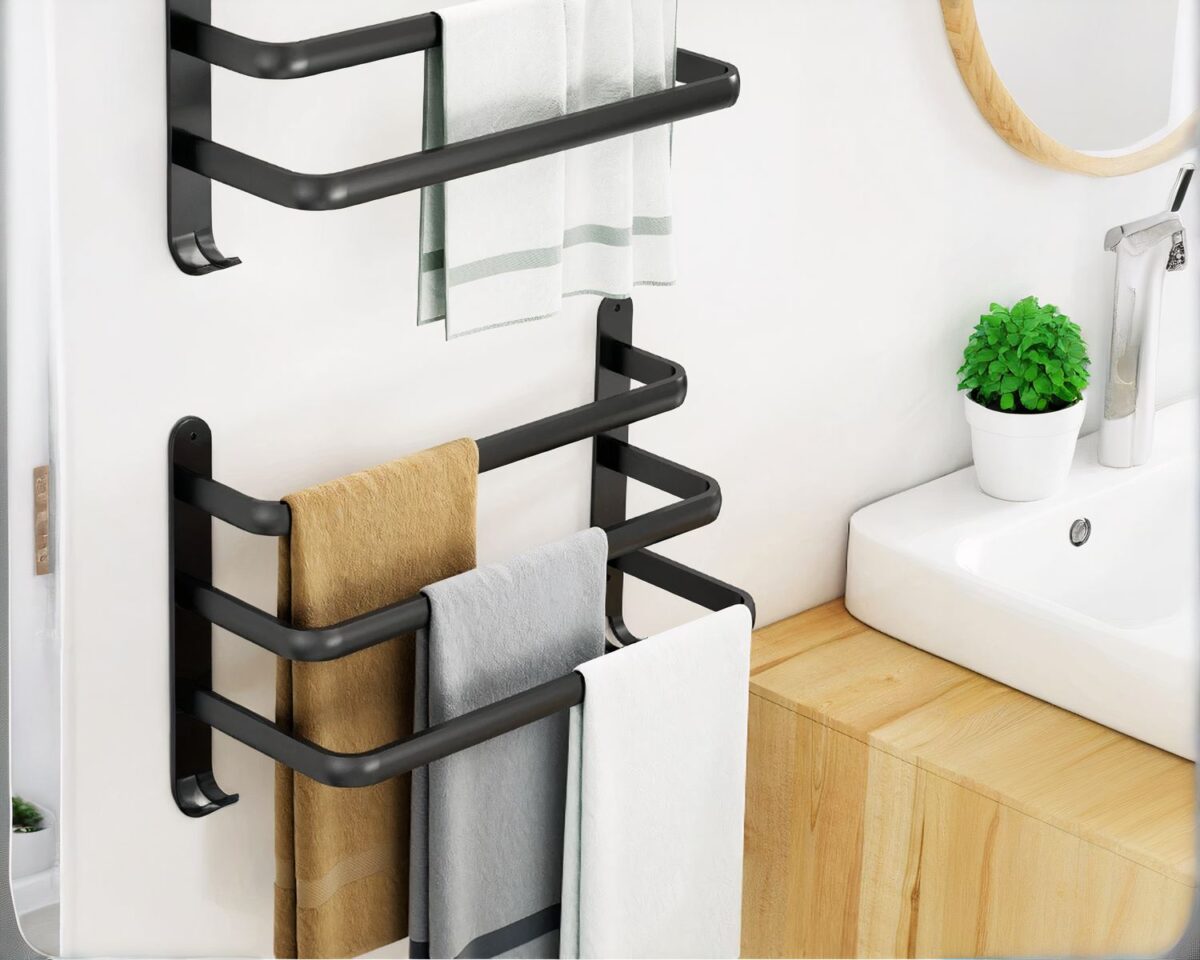 Porte serviette mural triple salle de bain Porte serviette mural triple noir de salle de bain