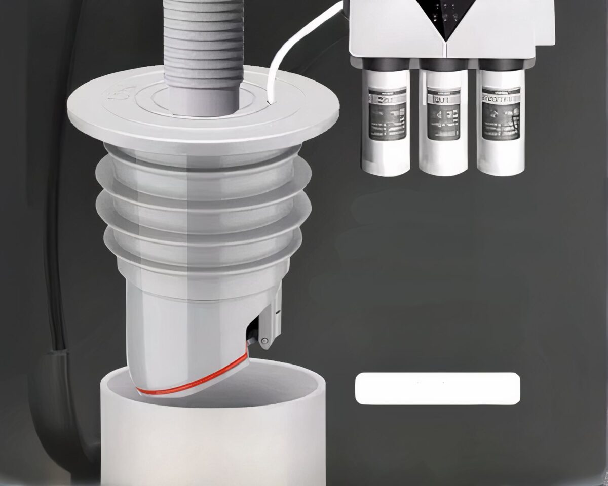 Syphon gris ouvert avec 3 petits tubes gris et blanc sur fond noir
