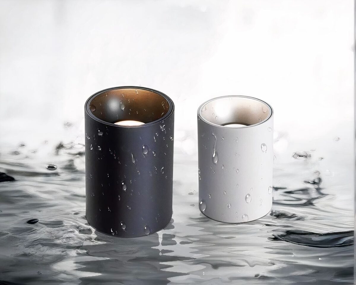 Photo de deux spots étanches dans l'eau côté culot, un blanc et un noir plus haut