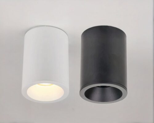 Photo de deux spots étanches, un blanc allumé et un noir éteint sur un fond gris