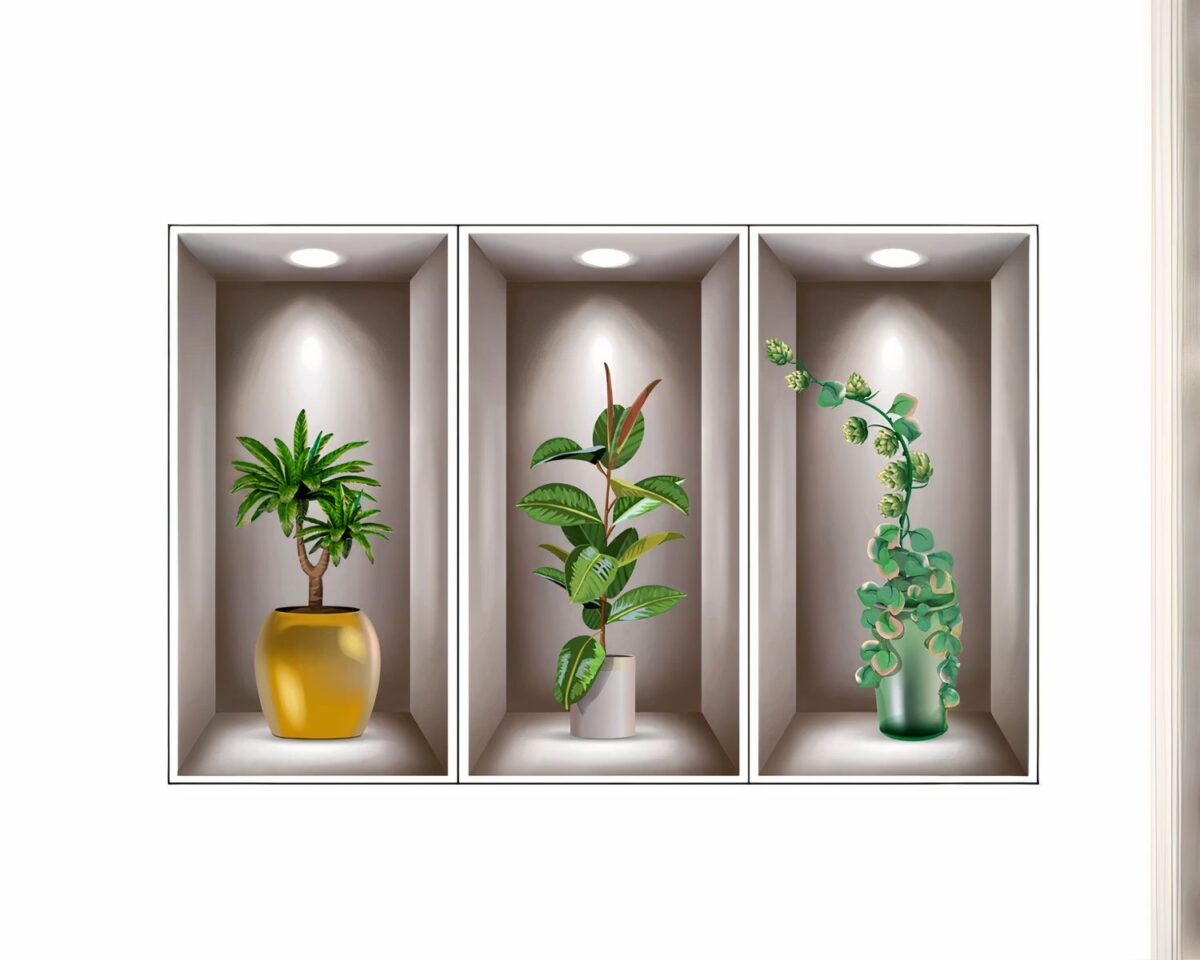 Stickers muraux plantes pour salle de bain On voit trois stickers muranx pour salle de bain qui représentent des niches avec de grandes plantes vertes.