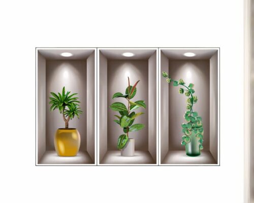 On voit trois stickers muranx pour salle de bain qui représentent des niches avec de grandes plantes vertes.