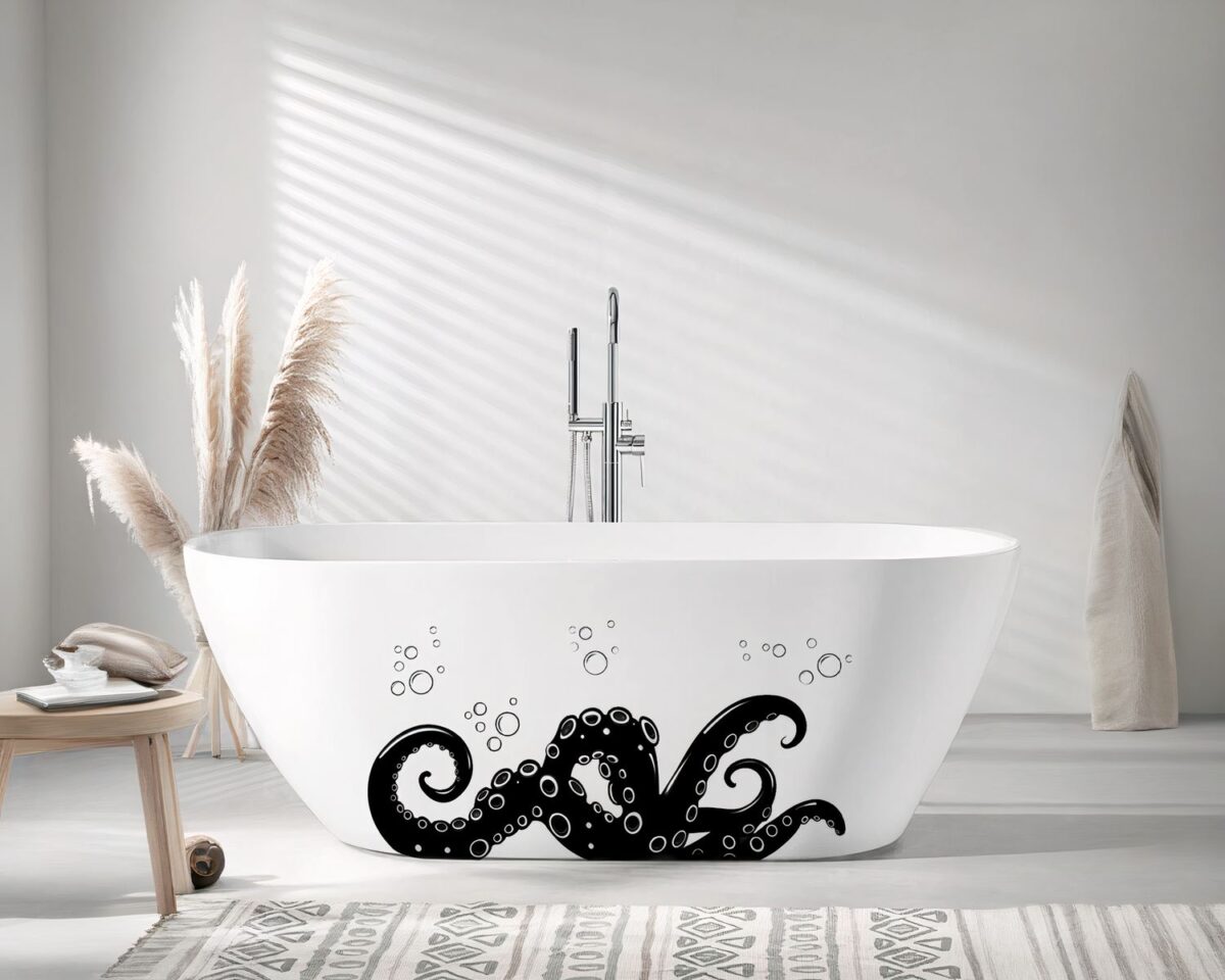 On voit une salle de bain avec une baignoire blanche ornée d'un poulpe noir