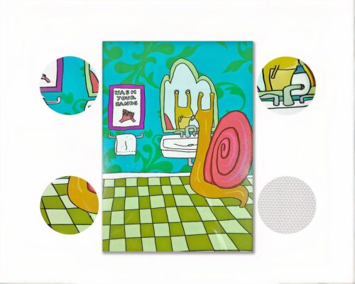 Tableau avec un escargot coloré au-dessus de deux vasques.