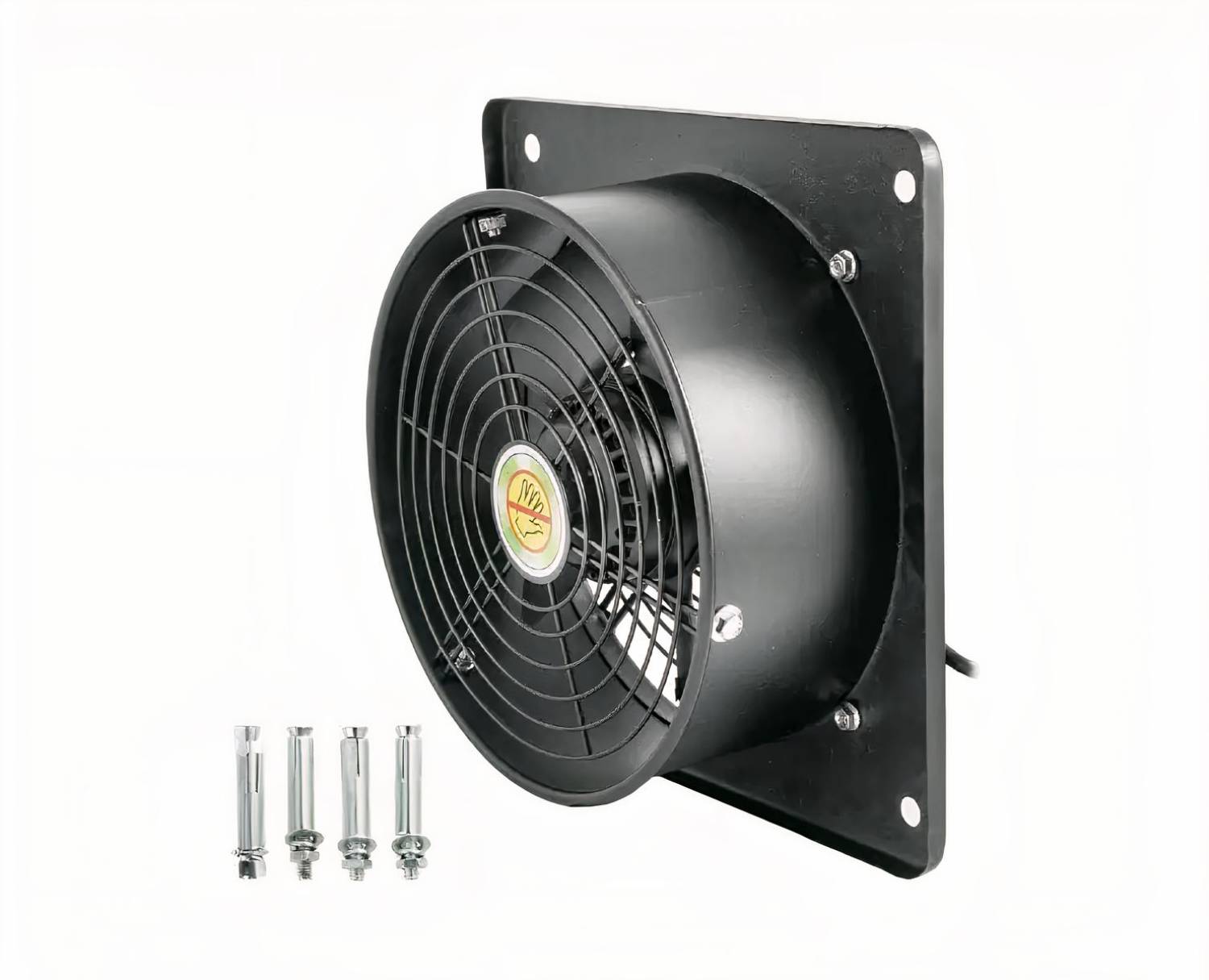 Photo d'un ventilateur extracteur noir et ses quatre vis, le tout sur un fond blanc