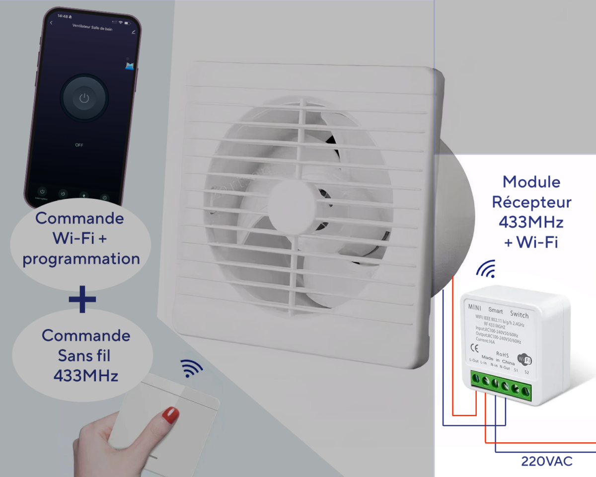 Ventilateur extracteur salle de bain à télécommande connecté