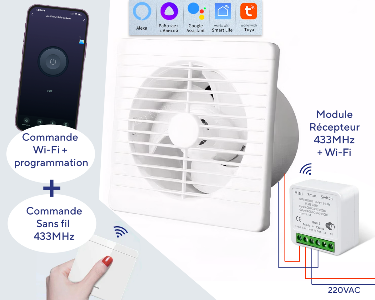 Ventilateur extracteur salle de bain à télécommande connecté