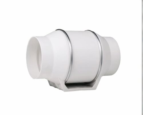 Photo d'un ventilateur extracteur rond en plastique blanc et cercles argentés en acier sur un fond blanc