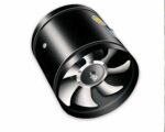 Photo d'un ventilateur noir à 7 pales grises sur un fond blanc