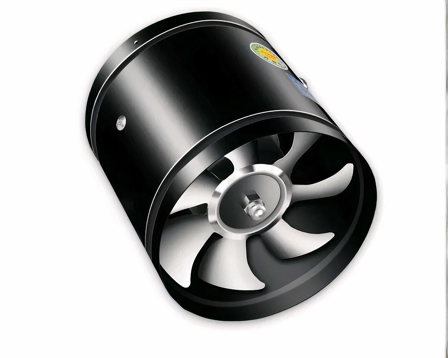 Photo d'un ventilateur noir à 7 pales grises sur un fond blanc