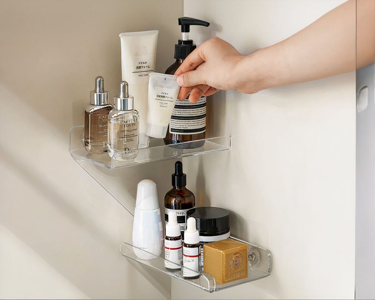 Étagère murale salle de bain en acrylique auto-adhésive